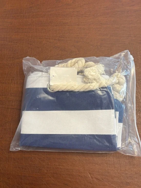 Navy Blue and White Striped Canvas Tote Bag with Rope Handles - Picture 5 of 5